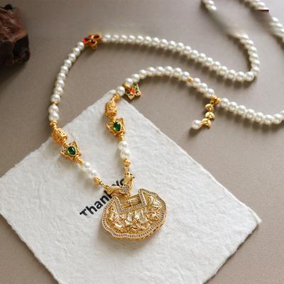 Retro Fashion Versatile Ruyi Peace Lock Pearl Long Necklace Women Light Luxury High-End Sweater Chain Jewelry