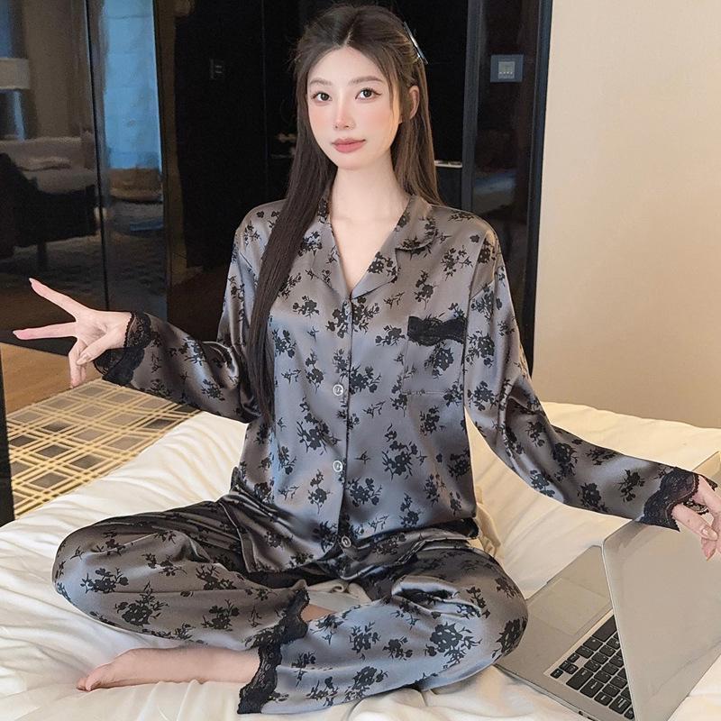 French Floral Ice Silk Long-Sleeve Ruffle Pajamas for Women - Spring & Autumn