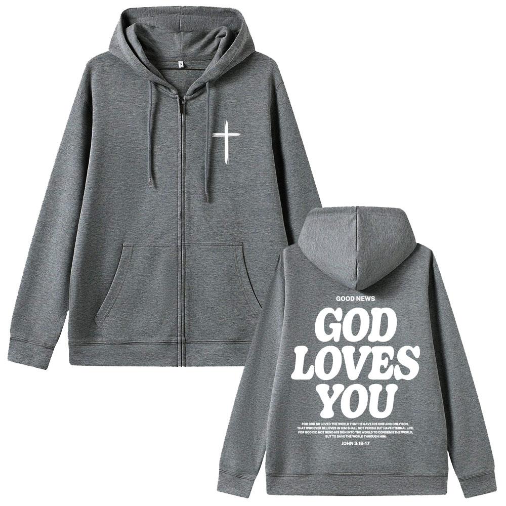 Christian Jesus Good News God Loves You Bible Verse Graphic Zipper Hoodie Men Women Oversized Zip Up Jacket Tops