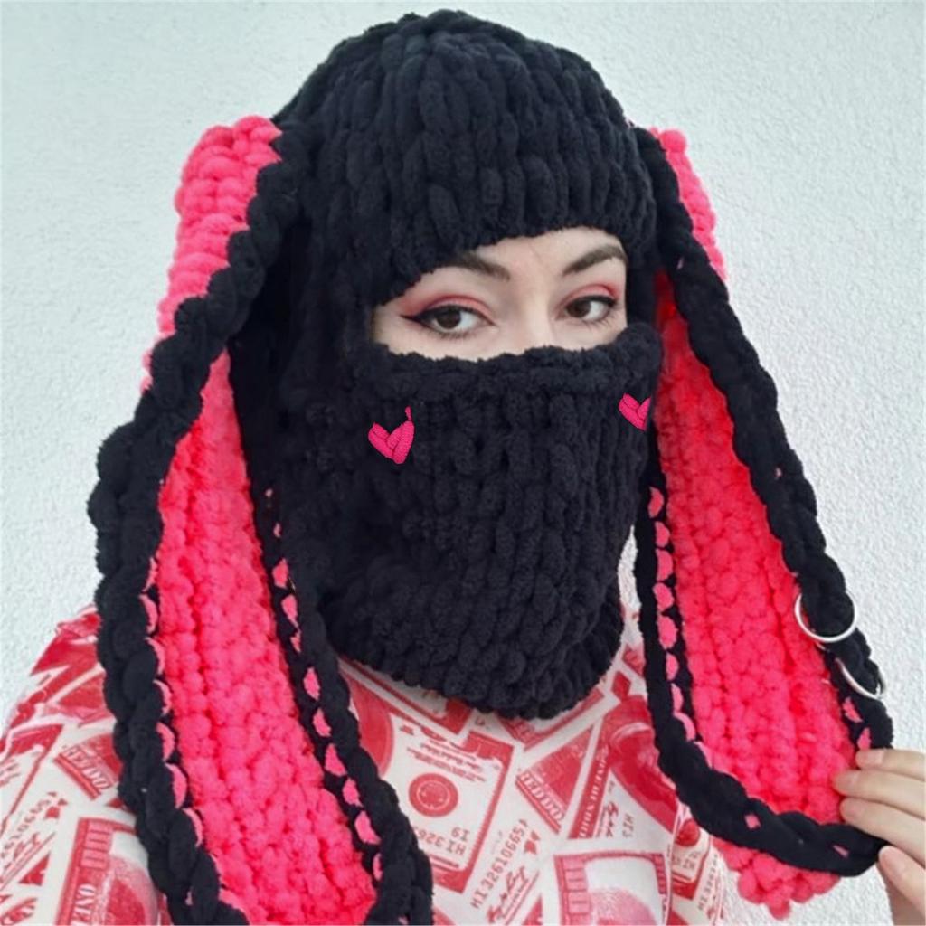 Knitting Balaclava Cap for Women Adult Rabbit Ear Beanie Hat Handmade Face Cover Hat Crochet Hooded Hat for Outdoor Ski