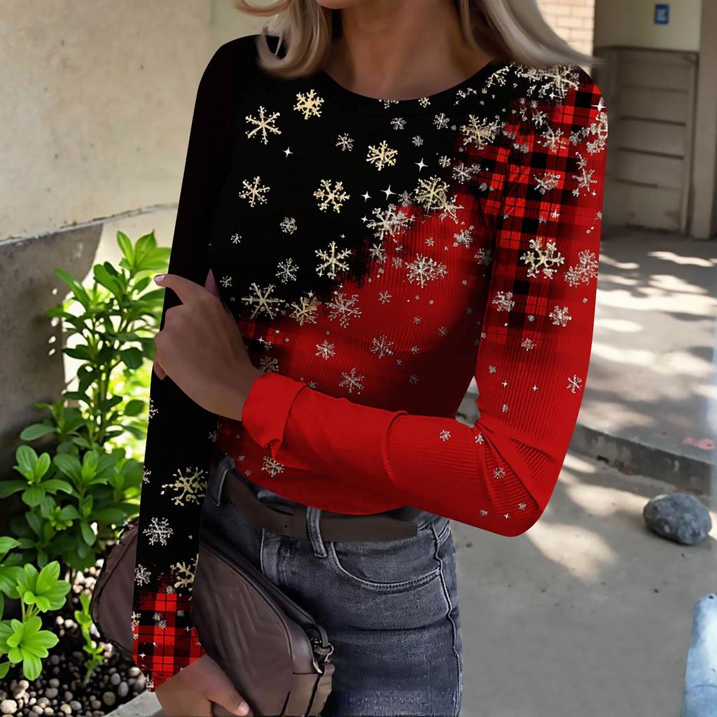 Women's  Slim Bottom T-shirt Fashion Casual Gradient Printing Round Neck Pullover Long Sleeve Top