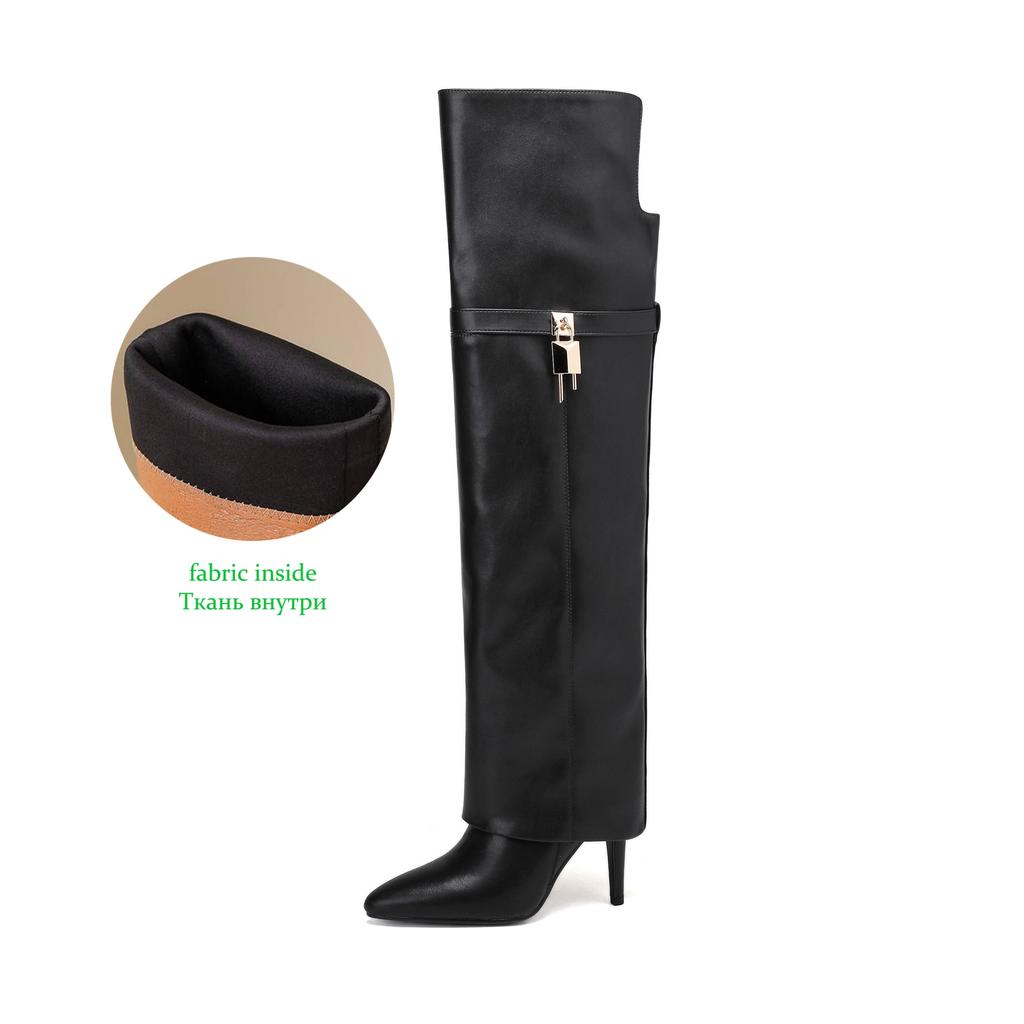 Krazing Pot Коровья спилковая кожа Микрофибра Острый носок Тонкий высокий каблук Размер 46 Размер 45 Слипоны Большой размер Женские Сохраняющие тепло Ботфорты выше колена