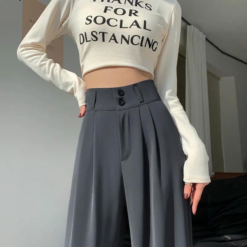

Women s High-Waisted Gray Wide-Leg Pants - Pear Shape, Plus Size, Straight & Drapey, Casual Spring Suit 2XL 65-80kg