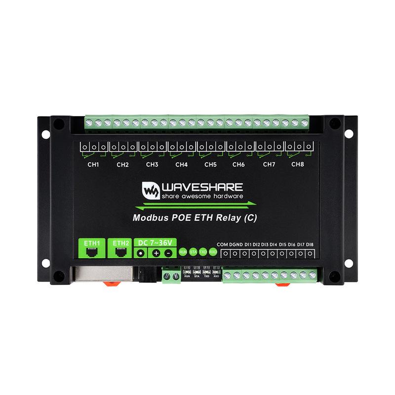 Industrial Dual Ethernet 8-Channel Relay Module with Type-C PoE and Network Port Cascading.