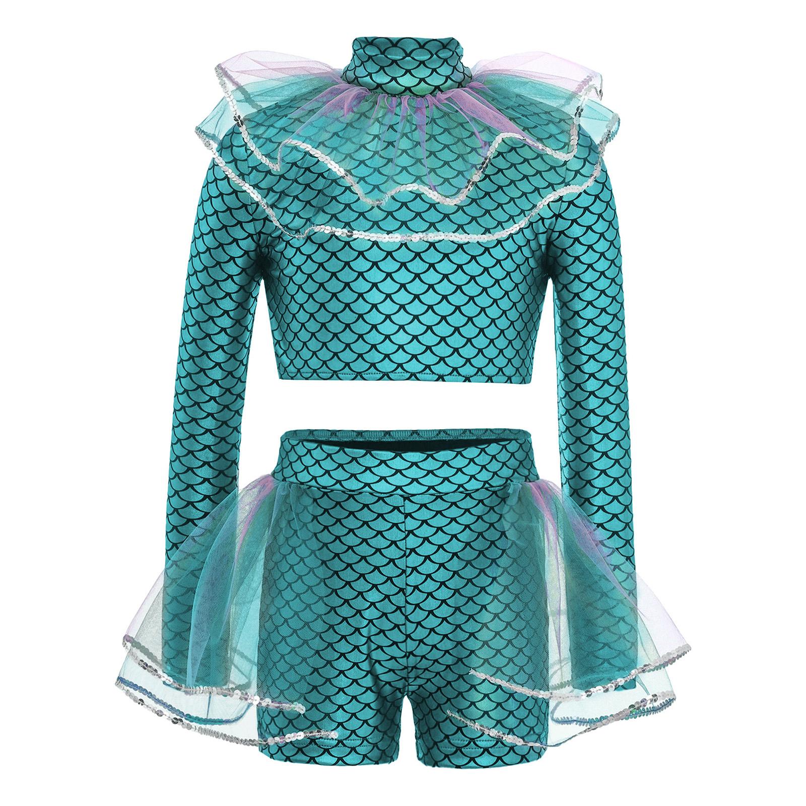 Girls Ballet Dance Outfits Mermaid Cosplay Costume Long Sleeve Mermaid Fish Scales Print Mesh Sequins Crop Top with Shorts Set 4 бирюзовый