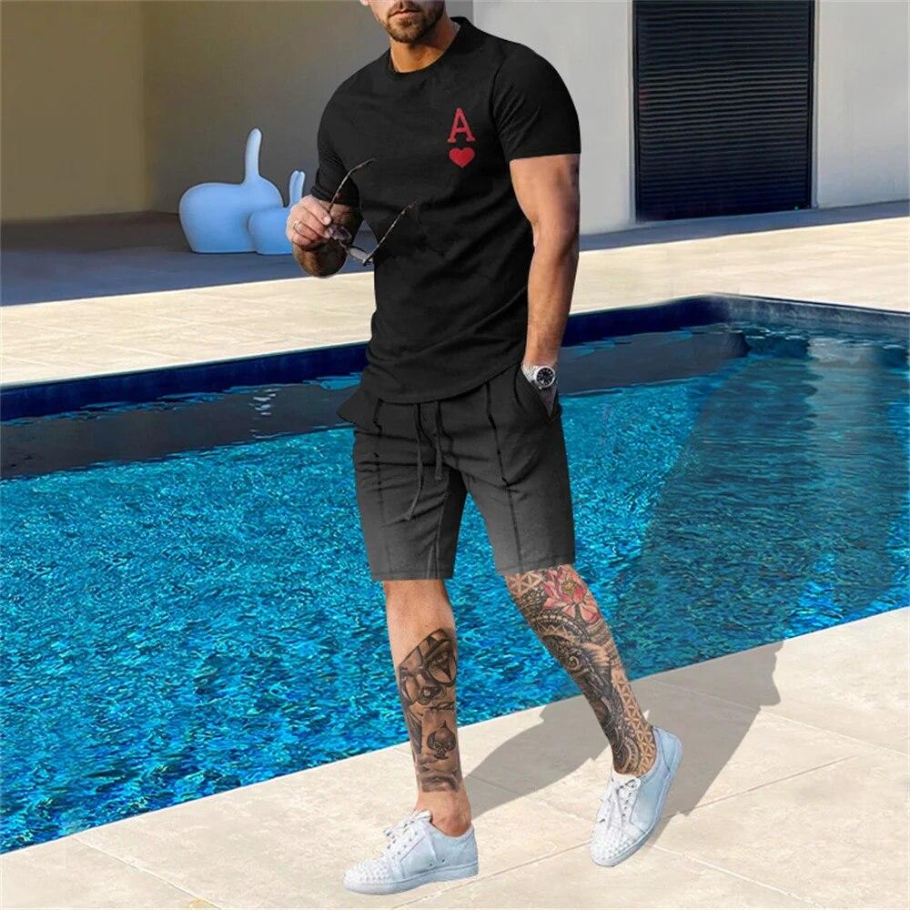 Men's Tracksuit 2 Piece Set Summer Stripe Sport Hawaiian Suit Short Sleeve T Shirt and Shorts Casual Fashion Man Clothing