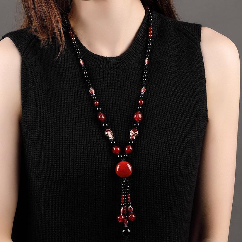 GEMCHIC Collana a Maglia Stile Etnico da Donna con Pendente Lungo a Catena con Perle di Agata Pesce Rosso Gioielli Vintage Cinesi