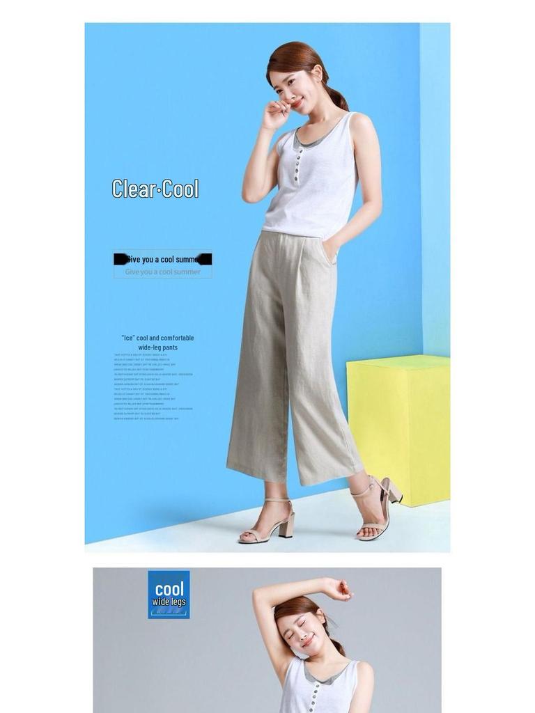Women's Spring 2025 Wide-Leg Linen Blend Pants - Loose, Lightweight, Solid Color, Nine-Point Straight Leg.