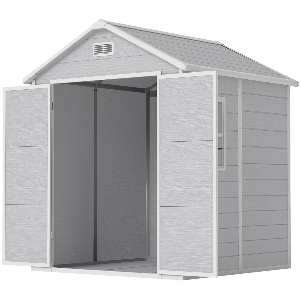 6 X 5ft Garden Shed, Plastic Shed with Floor, Window, Lockable Doors and Vents, Wood Effect Resin Tool Shed for Outdoor Patio, Light Grey