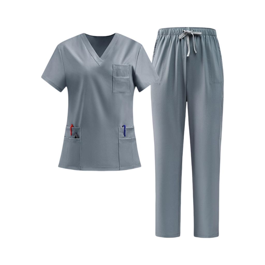 Women Nurse Scrub Set Quick Dry Fabric V Neck Short Sleeve Top with Pockets and Elastic Waist Drawstring Pants Medical Uniform