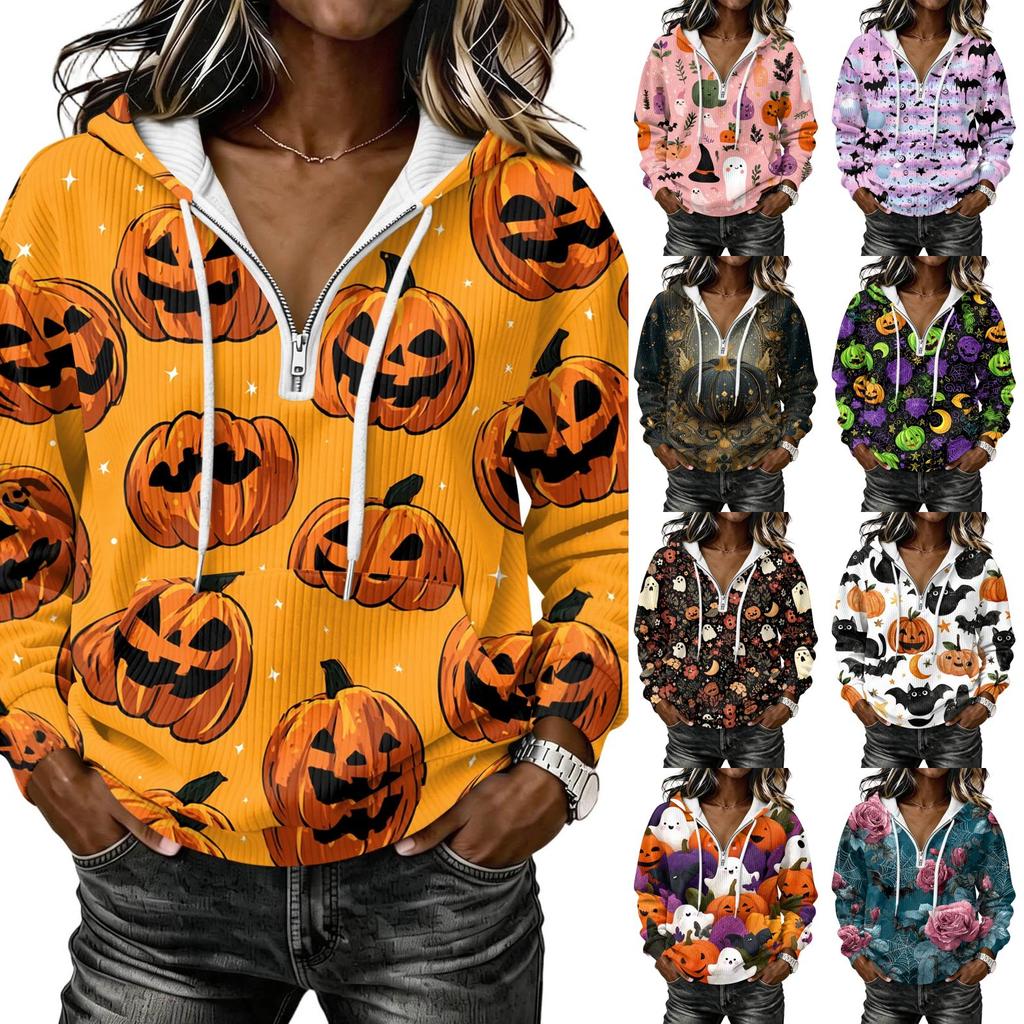 Women's Casual Long Sleeve Halloween Printed Hoodie Pullover with Top