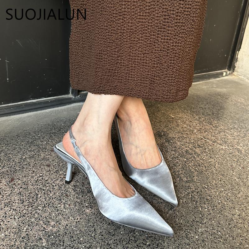 Móda SUOJIALUN 2025 Nová Značka Dámské Sandály Módní Špičatá Špička Nazouvací Boty Slingback Tenký Vysoký Podpatek Dámské Elegantní Společenské Lodičky