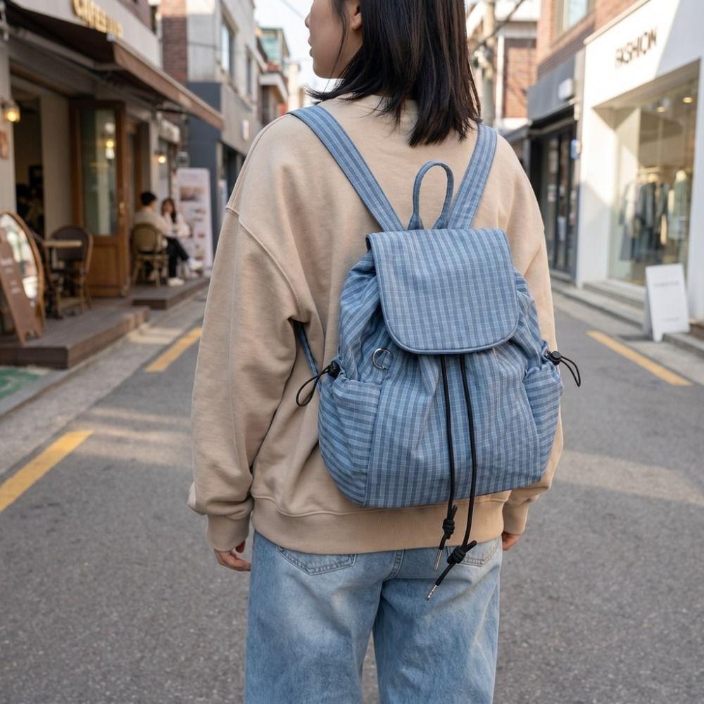 Korean Drawstring Backpacks Solid Color Student Schoolbag Stylish Plaid Nylon Backpacks  Men Women