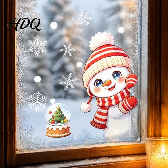 Snowman Window Decals Peeking Static Cling Decal Christmas Glass Sticker with Snowflake Clings Snowflakes Reusable PVC Holiday Decor for Home