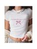 Wounisex Summer Slogan Bow Detail-Knot Print Round Neck Short Sleeve Casual T-Shirt Midriff-Baring Top