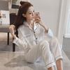 Solid color ice silk pajamas women's long-sleeved cardigan simulation silk spring summer loungewear women's autumn suit breathable