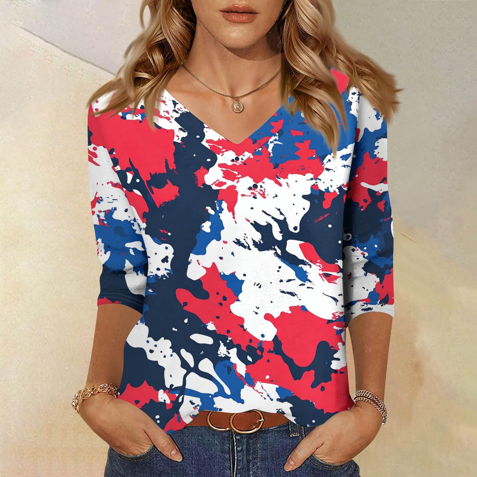 

Жіночі топи Сорочка з рукавом три чверті V-подібний виріз Вільна повсякденна сорочка Футболка з принтом S Кіновар