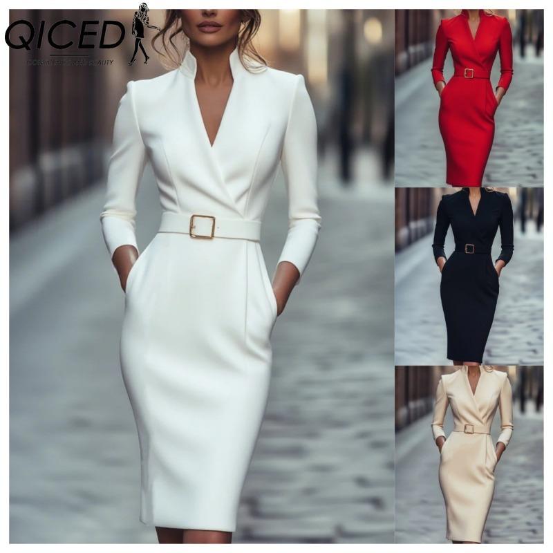 QICED Kadın Moda Sonbahar Kış Düz Renk Baskı Uzun Kollu V Yaka Günlük Elbiseler