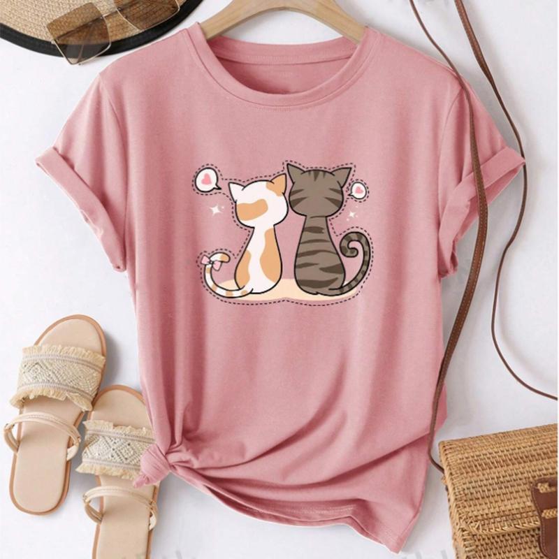 Fashion Women Cute Couple Cat Print T Shirt Funny Casual O-neck Short Sleeves T-shirt Summer Female Tee Shirt