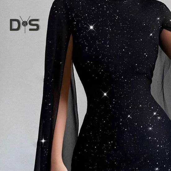 Damenkleid mit Cape-Ärmeln, Stehkragen, figurbetontes Minikleid, sexy, glänzendes Chiffon-Cocktailkleid mit Umhangärmeln für Hochzeit, Abendparty