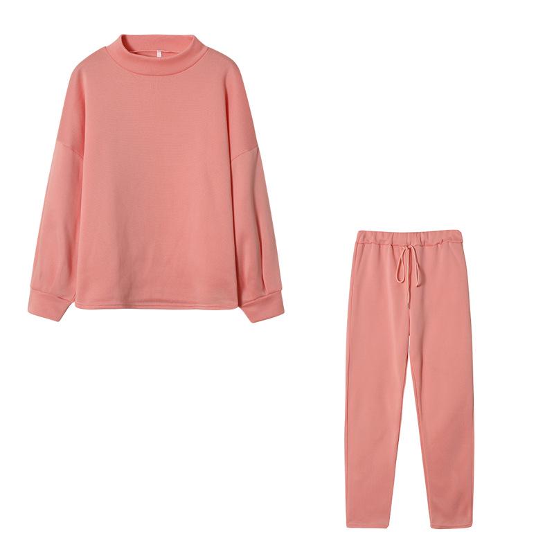 2021 Winter Women's High Neck Casual Loose Solid Hoodie & Trousers Two-Piece Set