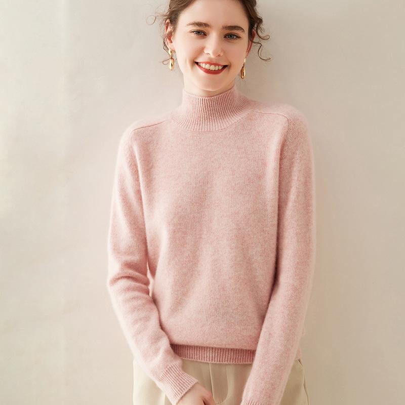 Women's Cashmere Half High Neck Sweater – Thick, Solid Color, Loose Fit for Autumn/Winter.