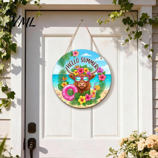 Natural Hemp Rope Wood Plaque Summer Wooden Hanging Sign, Beach Style Wall Decor with Rope, Bright Printed Sign Indoor Outdoor Theme Decoration