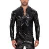 Men's PU Bright Leather Long-sleeved Casual Jacket Black Slim Lace-up Stand-up Collar Leather Jacket