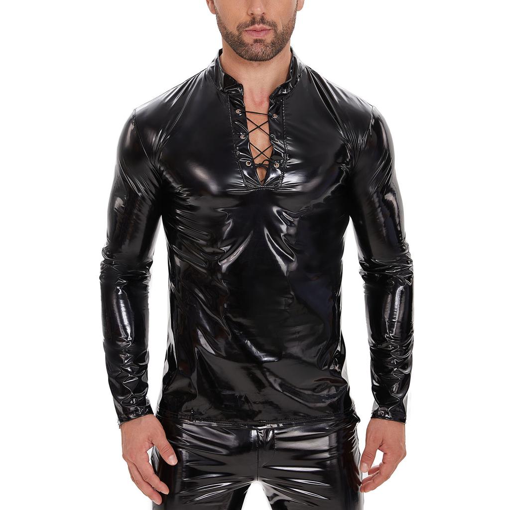 Men's PU Bright Leather Long-sleeved Casual Jacket Black Slim Lace-up Stand-up Collar Leather Jacket
