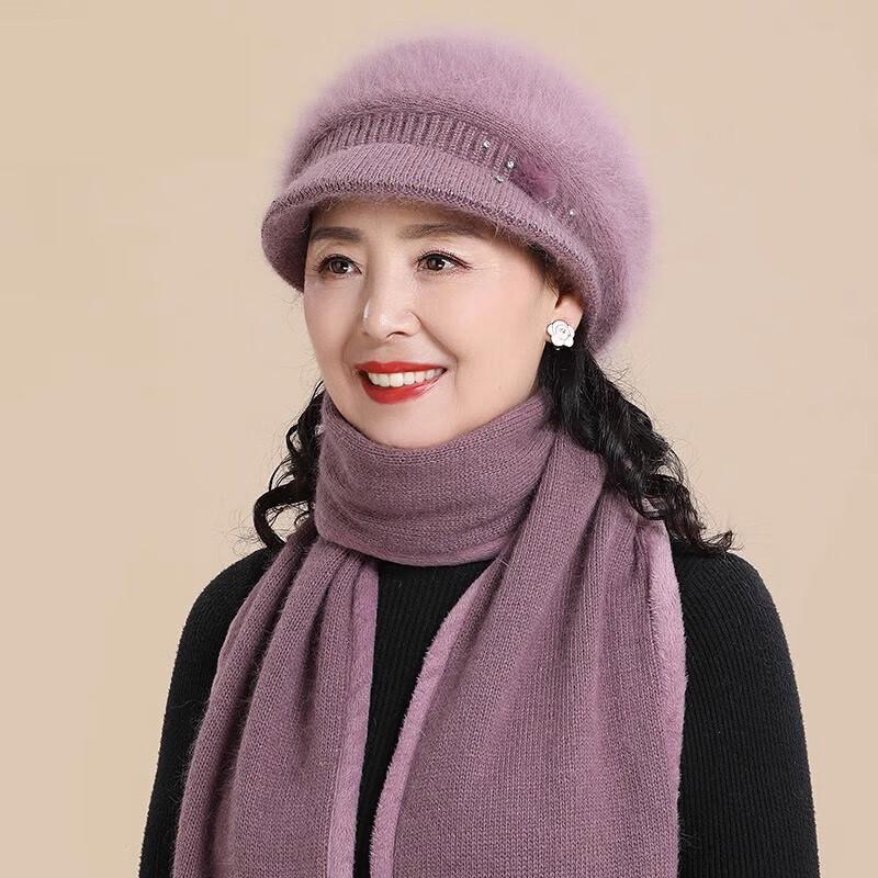 Elderly Women's Plush Lined Rabbit Fur Winter Hat, Scarf, & Gloves Set