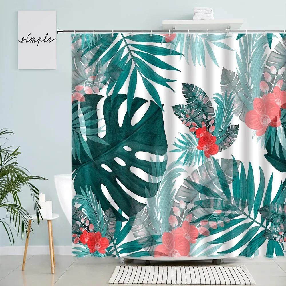Leaves Shower Curtains Tropical Plant Monstera Palm Leaf Creative Mid Century Bath Curtain Sets Fabric Bathroom Decor With Hooks