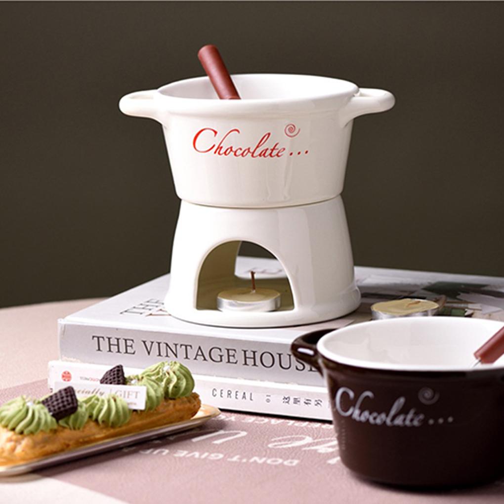 New 300ml Chocolate Fondue Mug with Fork Set Ceramic Butter Warmer Hot Chocolate Melting Cup for Candy Dessert Butter Heater