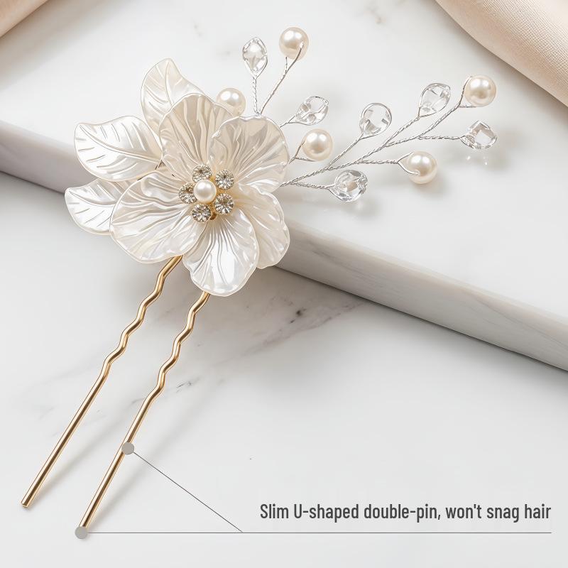 Korean Style Bridal Headdress: White Seashell Petals & Pearl Crystal Hairpin