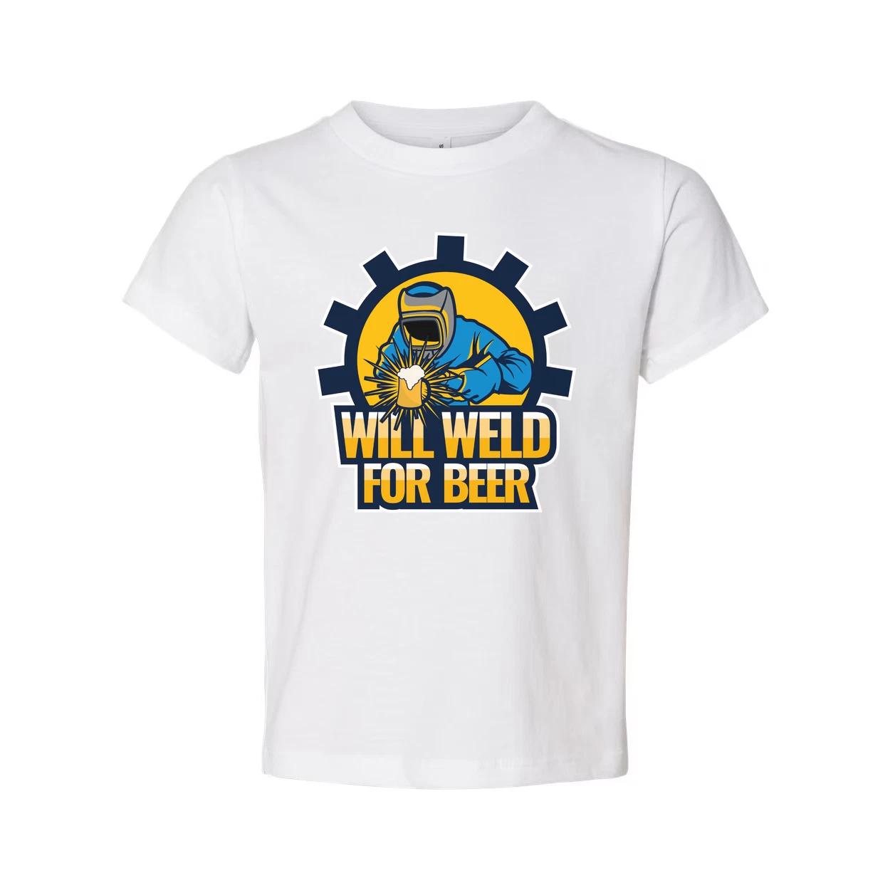 

Will Weld For Beer Unisex Welding Graphic T Shirt With Gear Emblem And Bold Text S