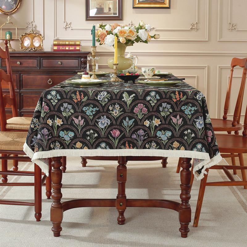 Retro Polyester Cotton Color Woven Jacquard Plant Fan-Shaped Flower Fringed Tablecloth Rectangular Coffee Table Tablecloth Dining Table Cloth