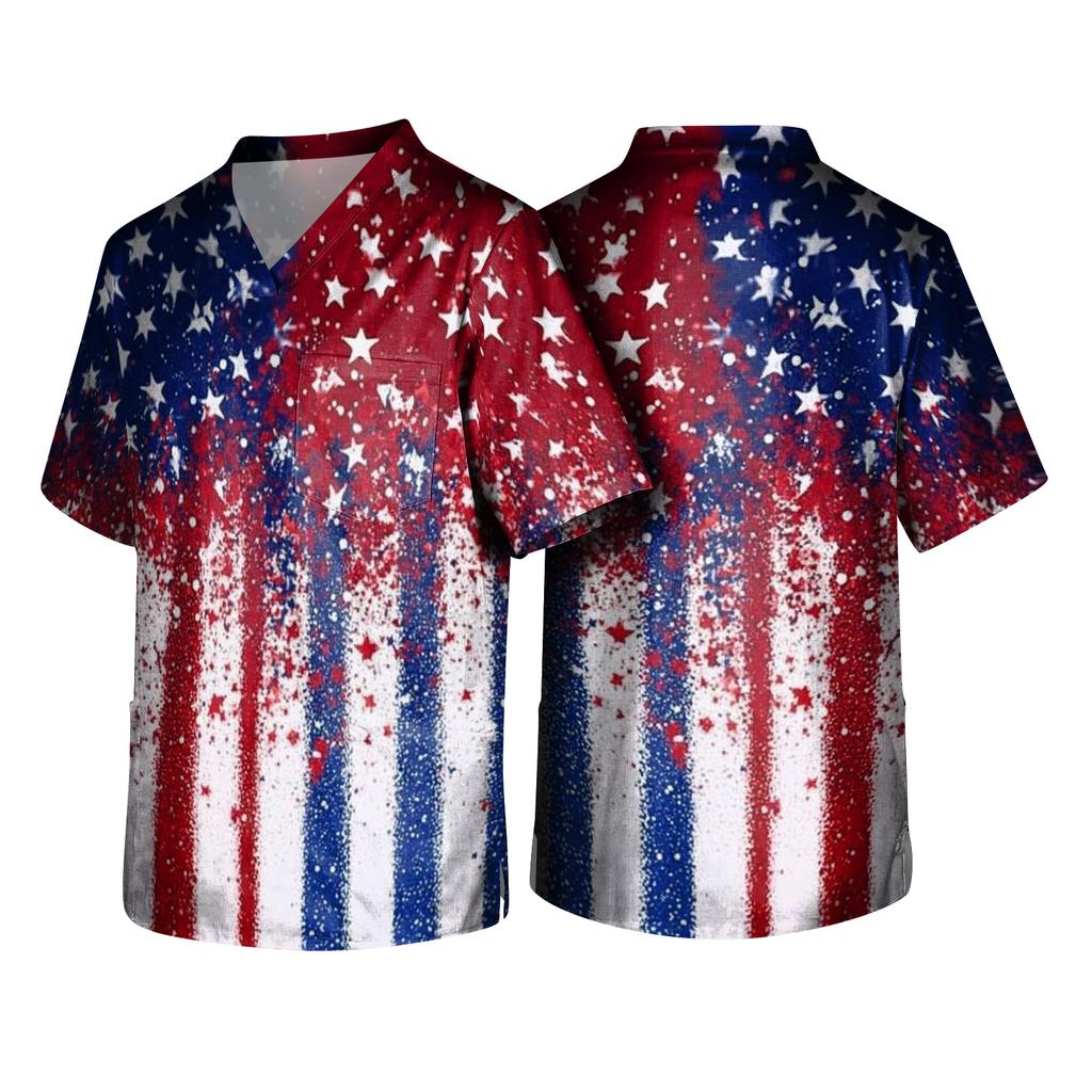 Unisex V Neck Short Sleeve Printed Scrub Top with Star Pattern Two Front Pockets Lightweight Comfortable Fit for Work Uniforms