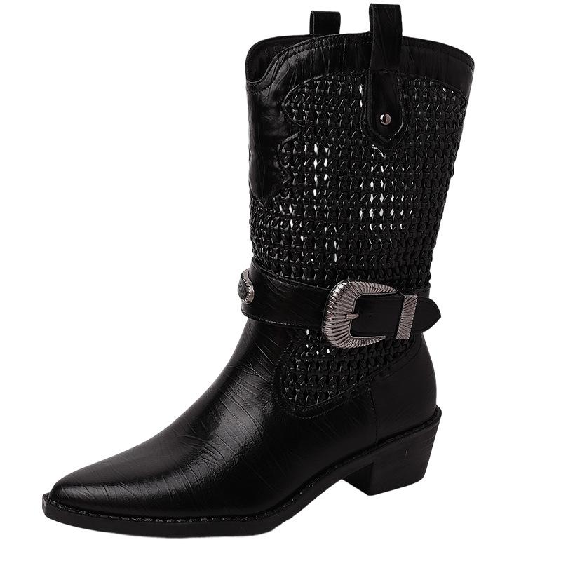 Fashion versatile woven hollow short boots retro western cowboy boots women's old brown pointed boots knight boots