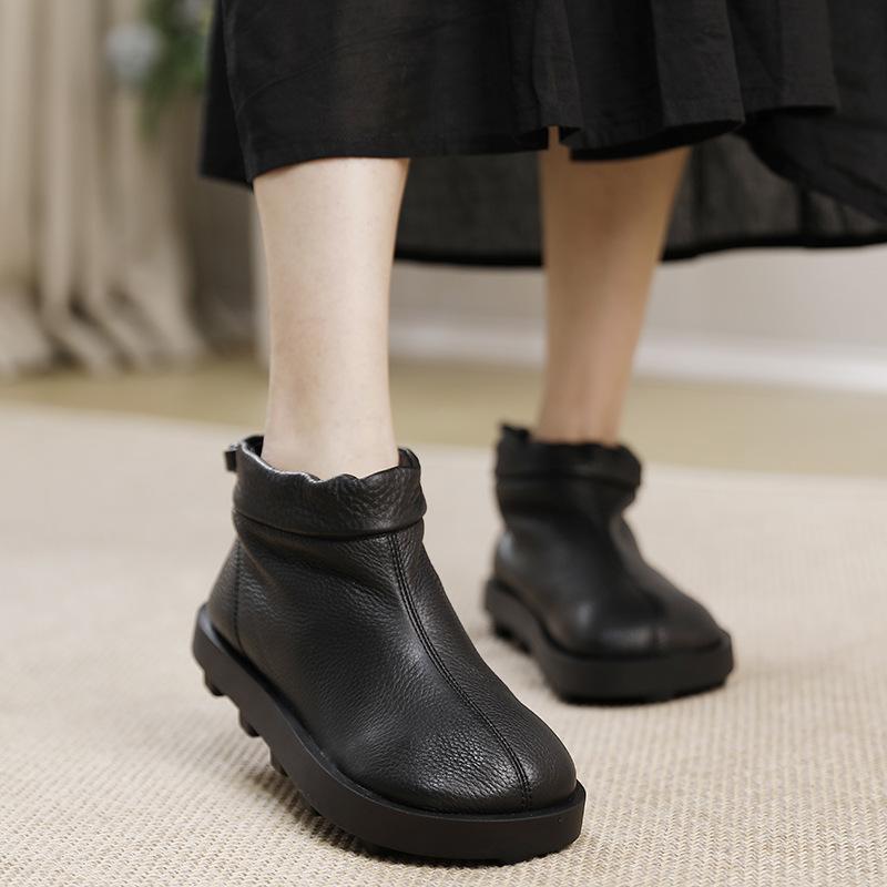 Fashion GKTINOO Genuine Leather Women Short Boots 2024 New Winter Round Toe Lace Lock Buckle Solid Color Handmade Retro Ankle Boots