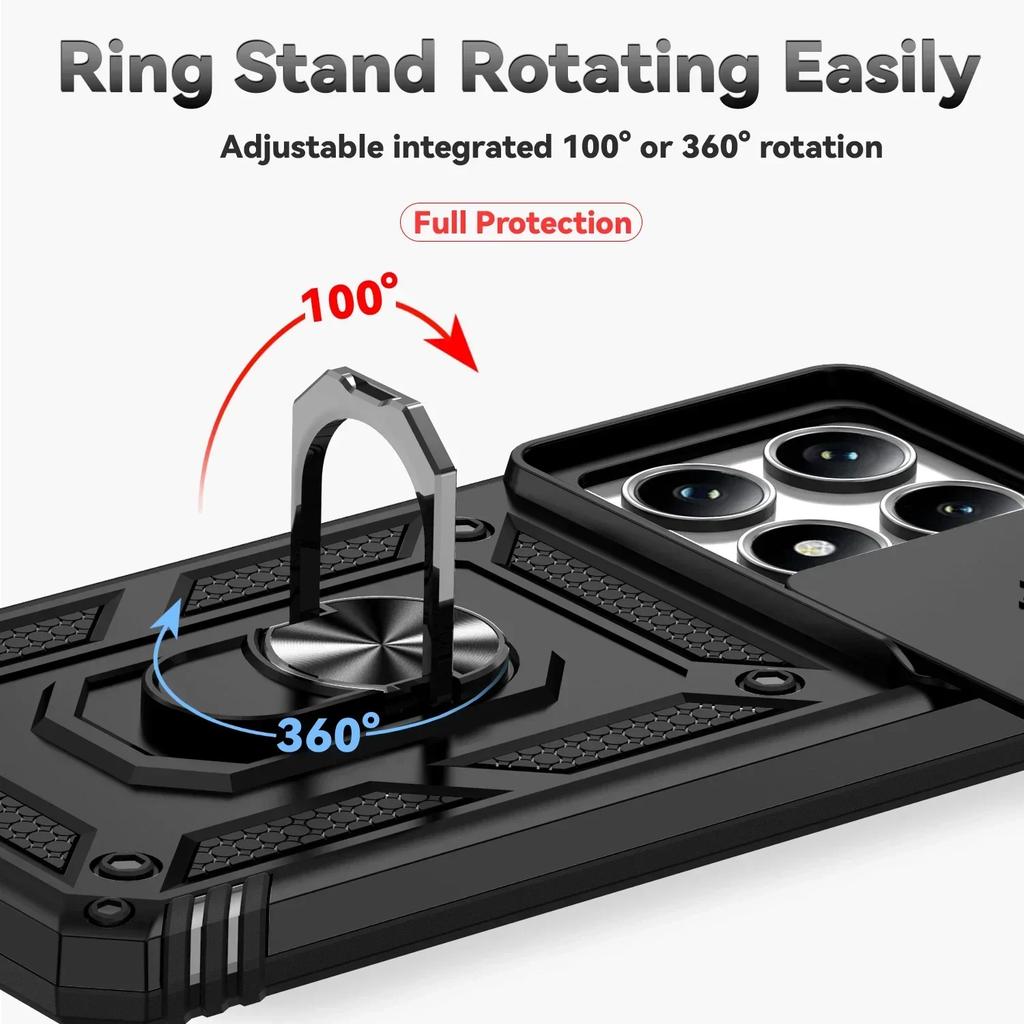 For Redmi Note 14 13 Pro 5G 4G Case Magnetic Ring Stand Rotating Slide Camera Lens Military Grade Armor Cover for Xiaomi 14T Pro