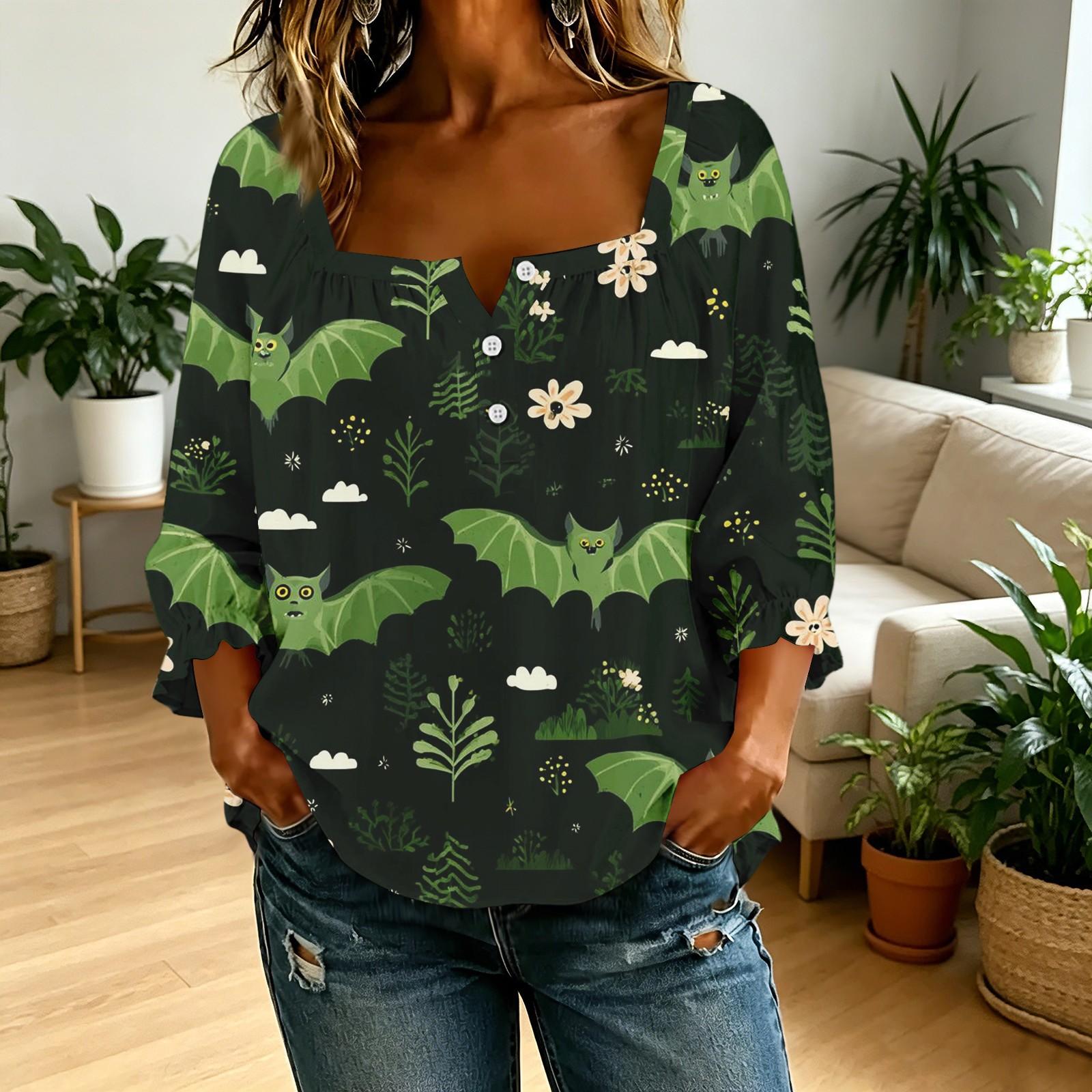Women s 3D Printed Halloween Square Neck Button T-Shirt Top XXL