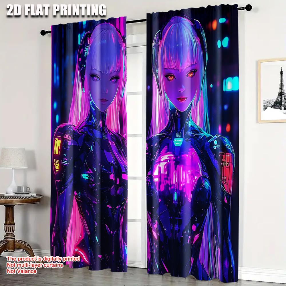 2pcs   Curtain Set  plane printing Vibrant Cyberpunk Anime Girl Durable 100% Polyester Fabric (without rod) Holiday Ldeal for