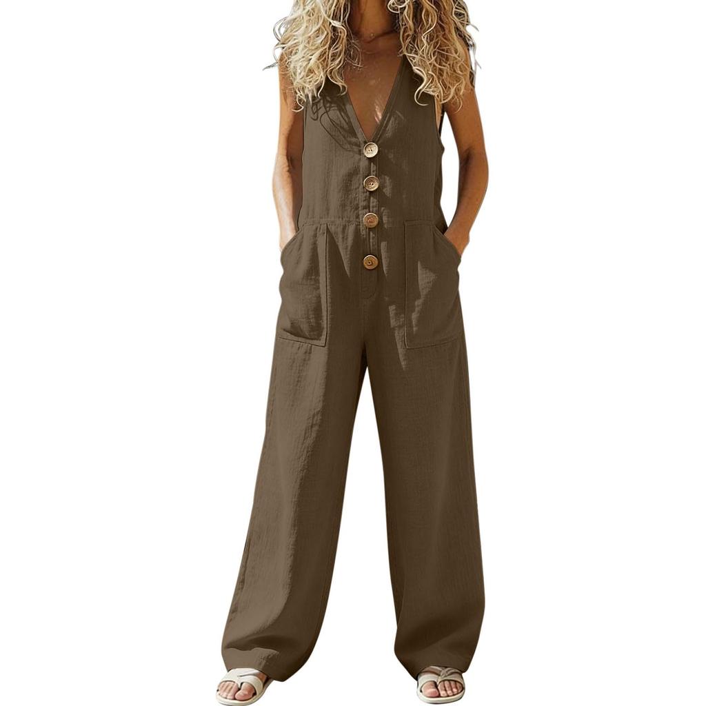 Sleeveless Wide Leg Jumpsuit for Women with Button Front and Deep V Neck Casual Loose Fit Romper with Pockets
