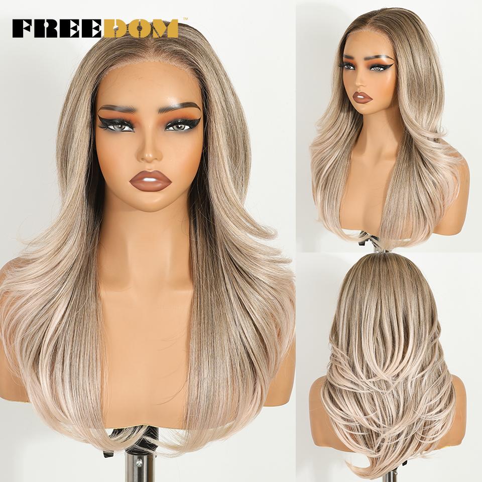 FREEDOM Synthetic Lace Front Wigs For Women 20" Ombre Blonde Wavy 6X4 Pre Plucked Wear And Go Glueless Pre-cut Layered Lace Wigs