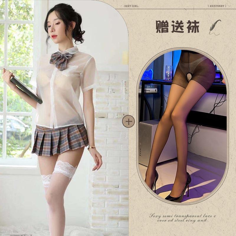 Sexy lingerie girls' school wear transparent shirt short skirt girls' uniform suit pure and sweet temptation tight