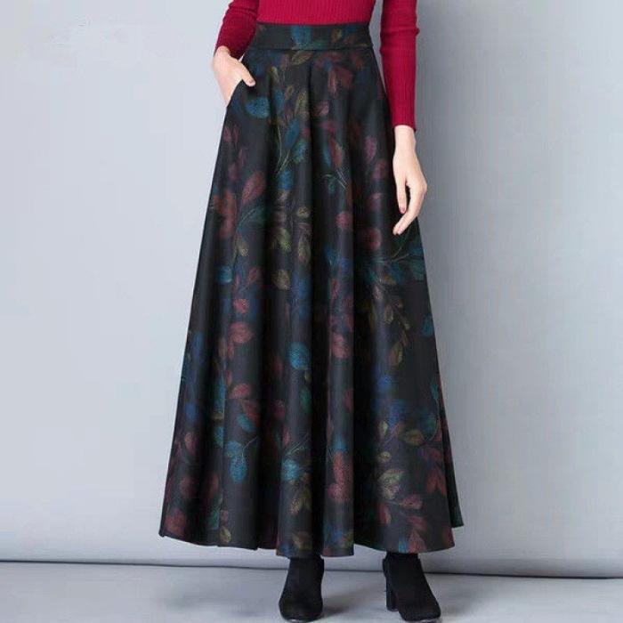 Four Seasons Printed Half-length Dress Women's High Waist Medium and Long A-shaped Large Swing Dress Skinny Dress