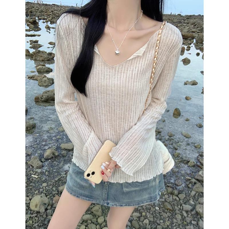 Women's 2024 Sun Protection Air Conditioning Long Sleeve Blouse: Lightweight, Sheer, with Wood Ear Trim for Summer
