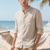 Solid-colour Men's Shirt Casual Cardigan with Stand-up Collar Loose-fitting Linen Shirt Retro-inspired Men's Casual Shirt