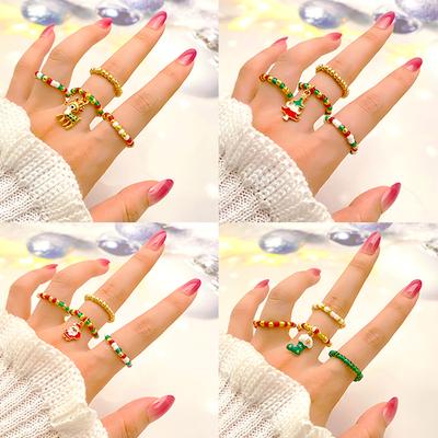 2023 Yeni Noel Ağacı Yüzük Renkli Lüks Noel Baba Yüzük Noel Kız 4 Parça Yüzük Seti Hediye Elk Donut Kolye Moda Zarif Streç Yüzük