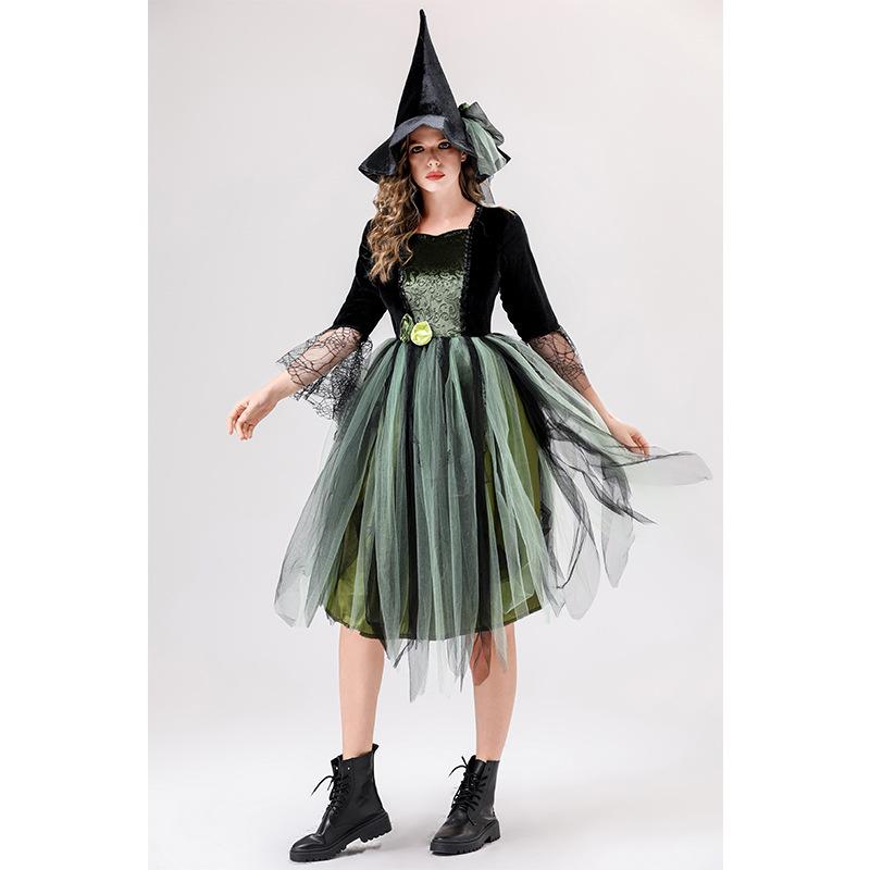 Cosplay Halloween Costume Adult Green Mesh Witch Dress, Camellia Spider Web Witch, Holiday Dress Stage Dress