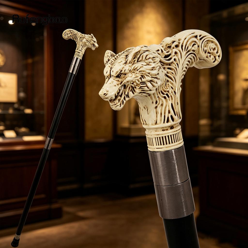 Yellow White Wolf Head Long Handle Decorative Stick Parties Decorative Cane for Halloween Cosplay and Parties Walking Cane 93cm